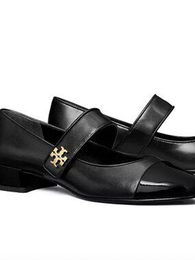 Tory Burch Black Patent Leather Mary Jane Flats with Logo Accent - Size 9.5